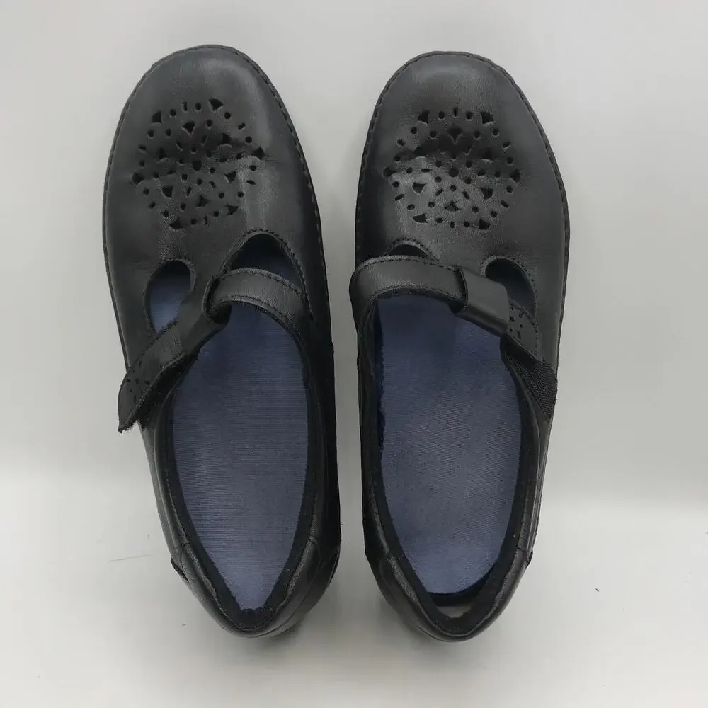 SAS Women's Willow Comfort Shoes Black Leather Moc Mary Janes 6.5 Narrow T-Strap